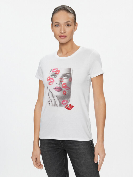 Guess T-shirt Lipstick Kisses W4RI20 K9RM1 Bijela Regular Fit