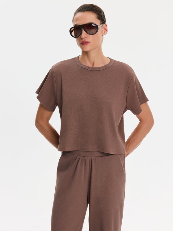 Nudyess Nudyess T-Shirt Agapi z prążka Brązowy Oversize