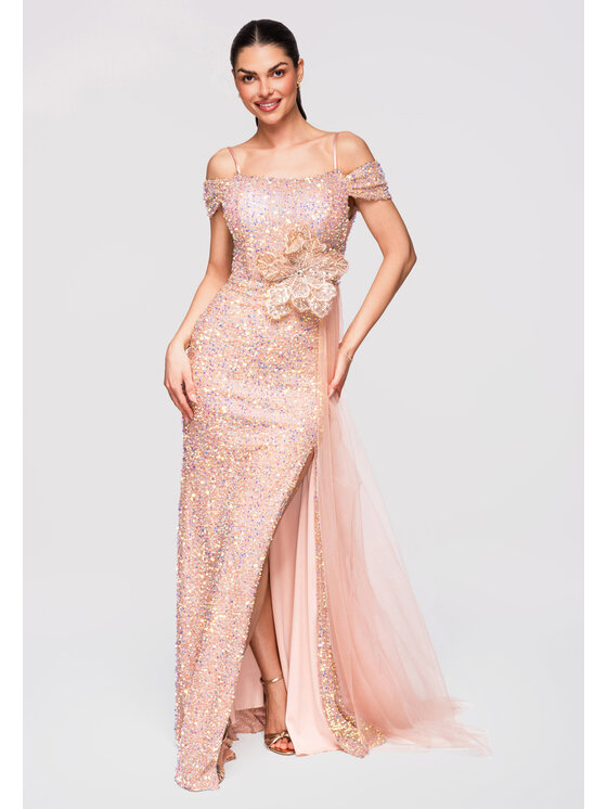 Ombre Ombre Sukienka wieczorowa LA-OM-DLR318 Złoty Slim Fit