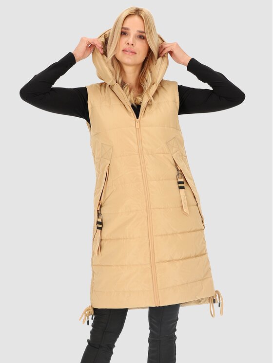 Perso Perso Bezrękawnik długa ocieplana z kapturem Beżowy Regular Fit