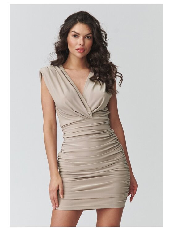 Makadamia Makadamia Sukienka codzienna M936 Beżowy Fitted Fit