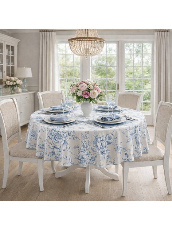 Roseberry Home Roseberry Home Obrus bawełniany w niebiesko-białe kwiaty Blossom Blue Biały