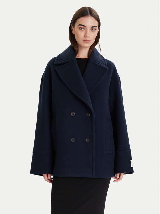 Calvin Klein Calvin Klein Gyapjú kabát LV044D549G Sötétkék Relaxed Fit