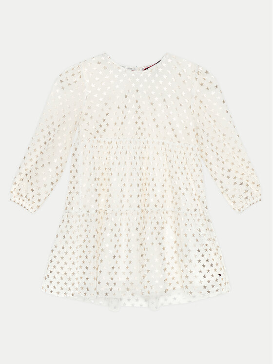 Tommy Hilfiger Vestito elegante Foil Star Dress Ls KG0KG08210 M Écru Regular Fit, taglia : 5Y