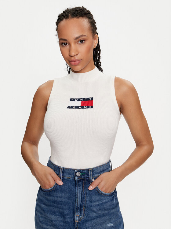 Tommy Jeans Bluză cu gât Center Flag DW0DW18527 Écru Slim Fit