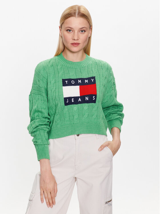 Tommy Jeans Pulover DW0DW14261 Verde Regular Fit