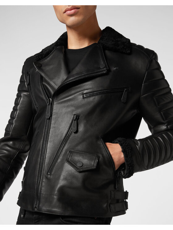 PHILIPP PLEIN PHILIPP PLEIN Kurtka skórzana 2471 Czarny Slim Fit