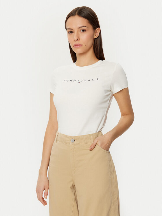 Tommy Jeans Damski T-Shirt, rozmiar 1XL, Biały, Linear DW0DW18398