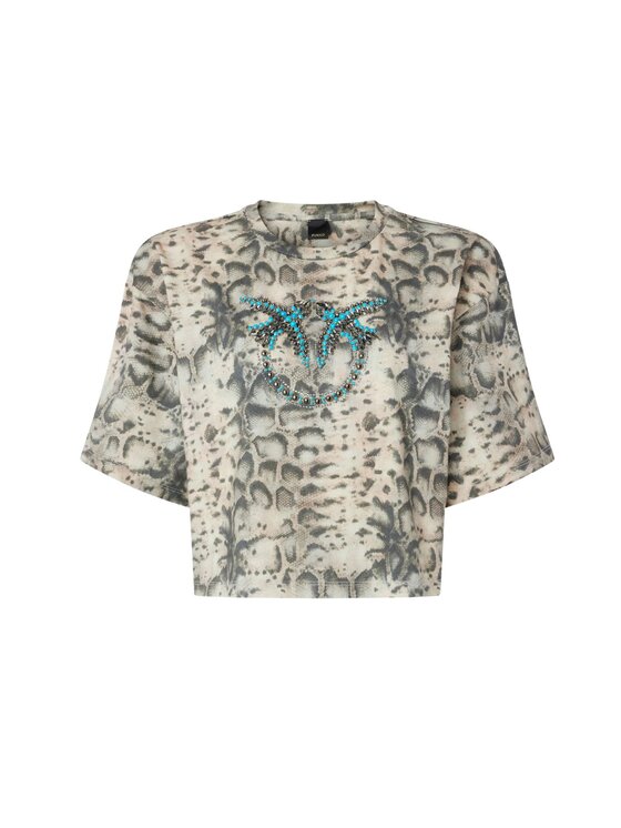 PINKO PINKO T-Shirt T-shirt cropped con stampa snake e Love Birds Beżowy Regular Fit