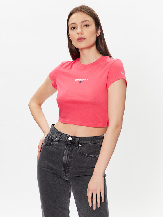 Tommy Jeans T-krekls Essential Logo DW0DW15444 Rozā Cropped Fit