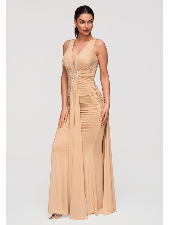 Ombre Ombre Sukienka wieczorowa LA-OM-DLR347 Beżowy Slim Fit