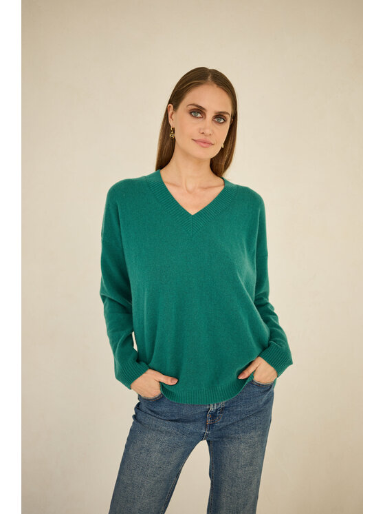 Sweter Entelier, Rozmiar OS, Zielony, kaszmir dekolt w serek