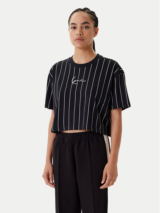 Karl Kani Tričko Small Signature Essential Pinstripe 6137880 Čierna Relaxed Fit