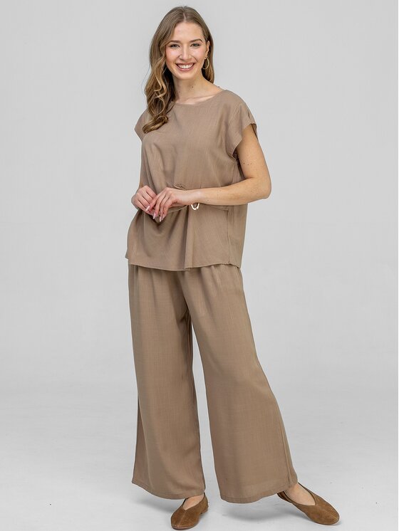 Perso Perso Komplet bluzka i spodnie SET266168F Brązowy jasny Regular Fit