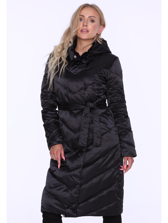 Perso Perso Płaszcz zimowy wiązany puchowy Czarny Slim Fit