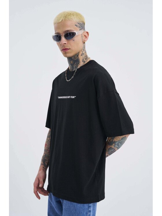 MyStars MyStars T-Shirt Koszulka Z Krótkim Rękawem Oversize Męska Czarna Machinist Dangerous M Czarny Oversize