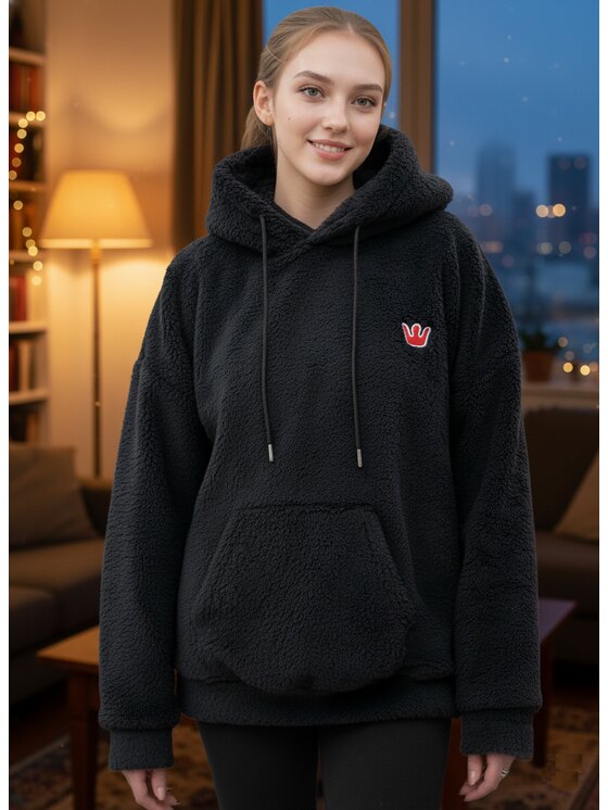 Jigga Wear Jigga Wear Bluza Sherpa Teddy Miś Plusz Polar Ciepła szeroka luźna 123722 Czarny Oversize