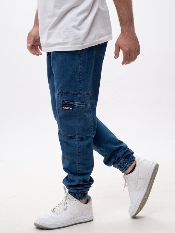 Jigga Wear Jigga Wear Jeansy Spodnie Jeansowe Jogger Bojówki Męskie Niebieskie Jigga Wear Stripe Zip Cargo XL Niebieski Regular Fit
