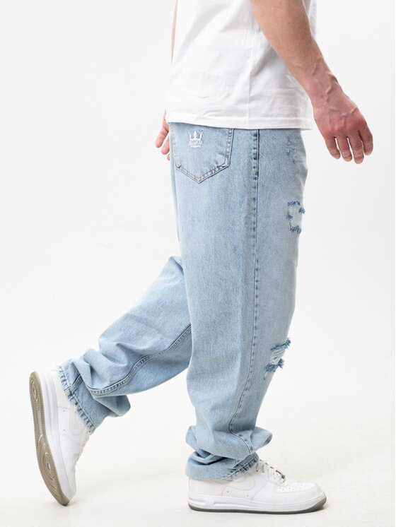 Jigga Wear Jigga Wear Jeansy Spodnie Jeansowe Baggy Z Uszkodzeniami Męskie Jasne Niebieskie Jigga Wear Crown XXL Niebieski Baggy Fit