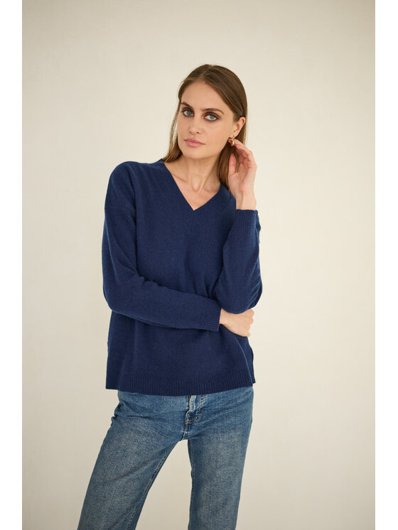 Entelier Entelier Sweter kaszmir dekolt w serek Granatowy Relaxed Fit