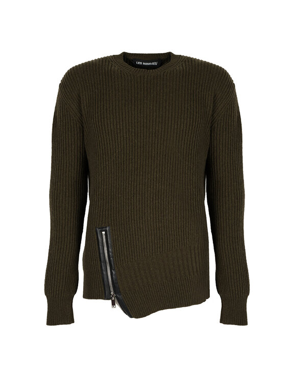 Les Hommes Les Hommes Svetr LJK106-656U | Round Neck Sweater with Asymetric Zip Khaki Regular Fit