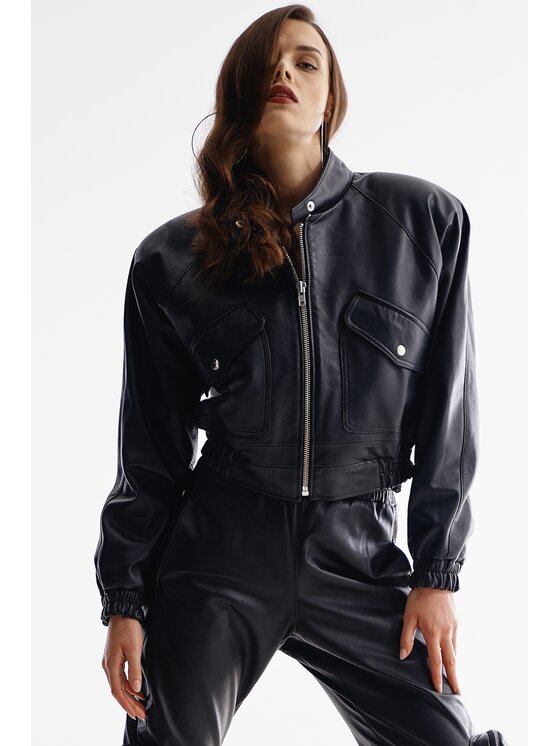 Mimika Mimika Kurtka skórzana bomber n^6 absolute black Czarny Relaxed Fit