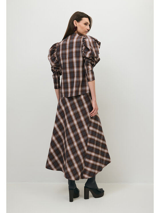 BIZUU BIZUU Spódnica maxi AYELLA A-LINEN CHECKED SKIRT Brązowy Standard Fit
