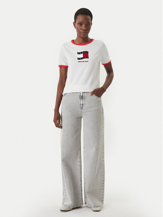 Tommy Jeans Tommy Jeans Tricou Wavy Flag Contrast Ringer DW0DW22306 Alb Regular Fit