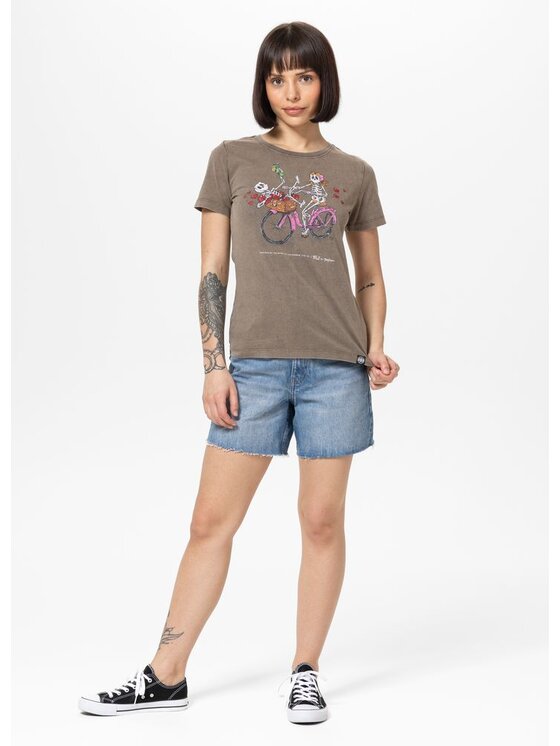PITBULL PITBULL T-Shirt Koszulka damska Denim Washed CRUISINANDBOOZIN XS Brązowy Regular Fit