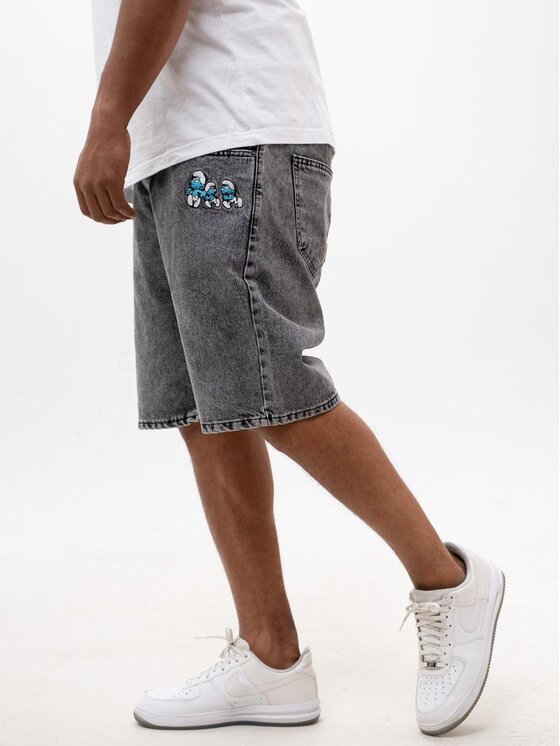 Smerfy Smerfy Szorty jeansowe Krótkie Spodenki Acid Sprane Gargamel Pocket XXL Szary Baggy Fit