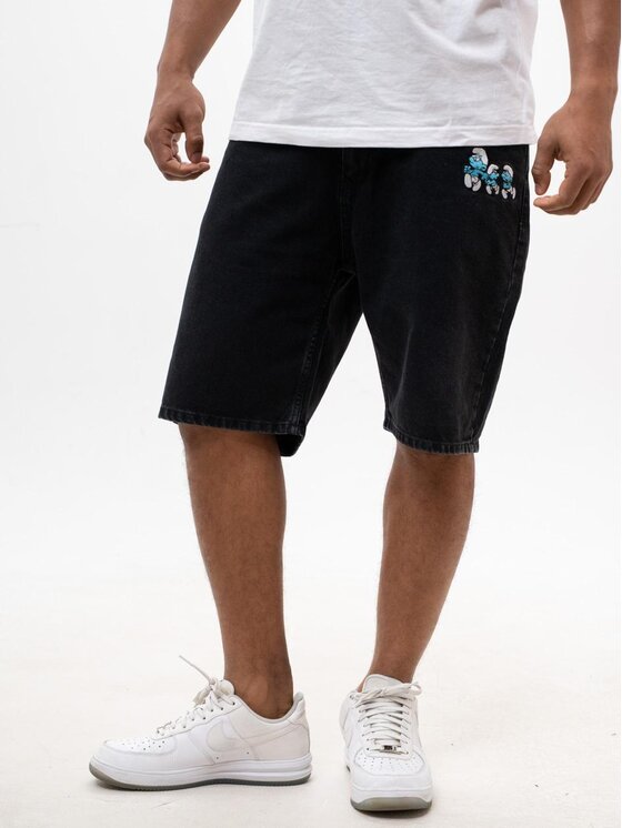 Smerfy Smerfy Szorty jeansowe Krótkie Spodenki Szerokie Luźne Gargamel Pocket M Czarny Baggy Fit