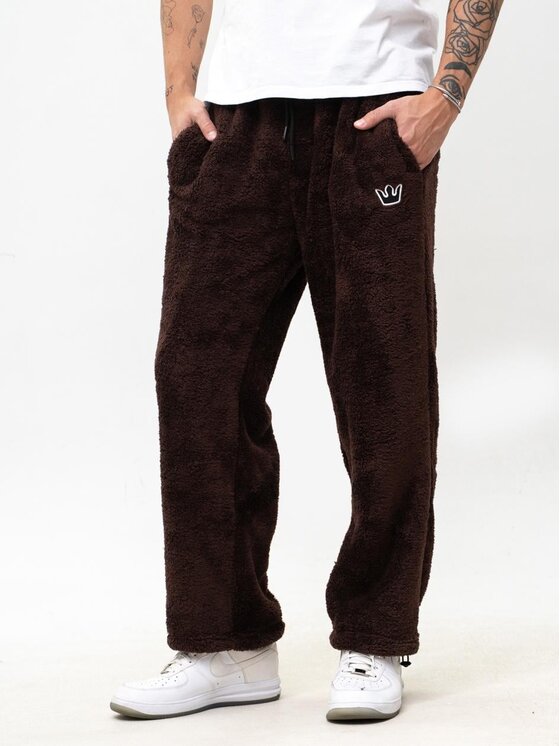 Jigga Wear Jigga Wear Spodnie dresowe Szerokie luźne polarowe futerko sherpa 130599 Brązowy Baggy Fit