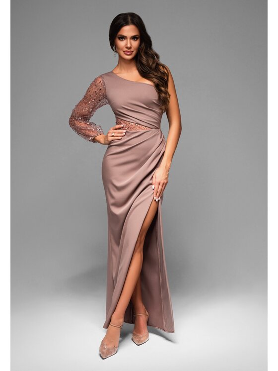 Ombre Ombre Sukienka wieczorowa LA-OM-DLR011 Beżowy Regular Fit