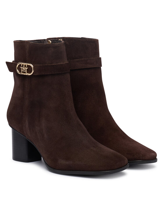 Tommy Hilfiger Tommy Hilfiger Botki Th Strap Suede Block Heel Boot FW0FW09521 Brązowy ciemny