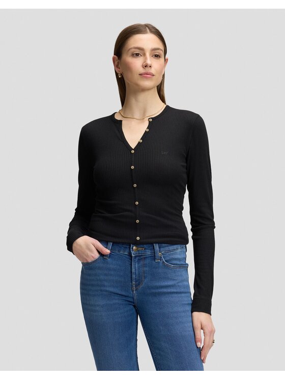 Lee Lee T-Shirt LS HENLEY Czarny Slim Fit