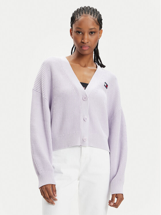 Tommy Jeans Cardigan Essential DW0DW17253 Viola Relaxed Fit, taglia : XXS