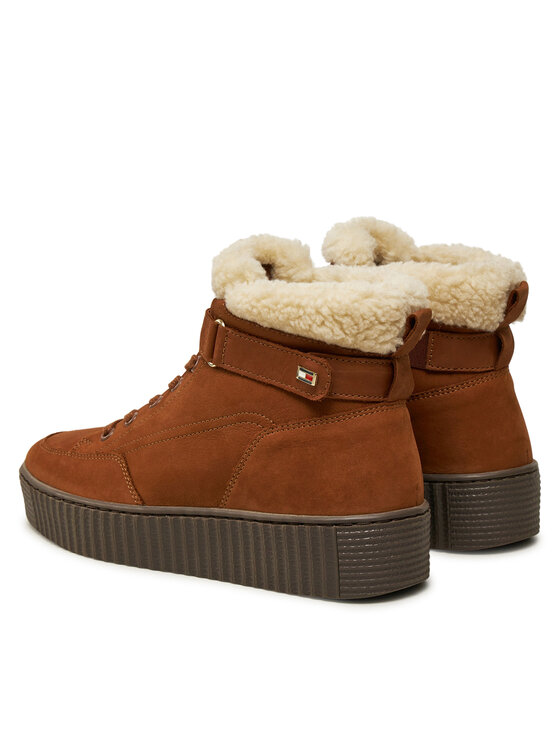 Tommy Hilfiger Tommy Hilfiger Škornji Faux Fur Nubuck Low Lace-Up FW0FW08172 Rjava