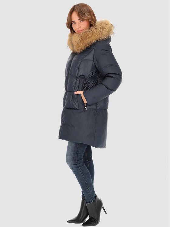 Perso Perso Kurtka zimowa z naturalnym futrem Granatowy Slim Fit