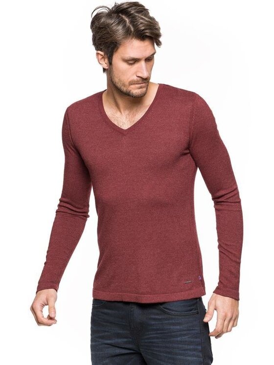 Tom Tailor Tom Tailor Sweter TOM TAILOR V-NECK Czerwony Slim Fit