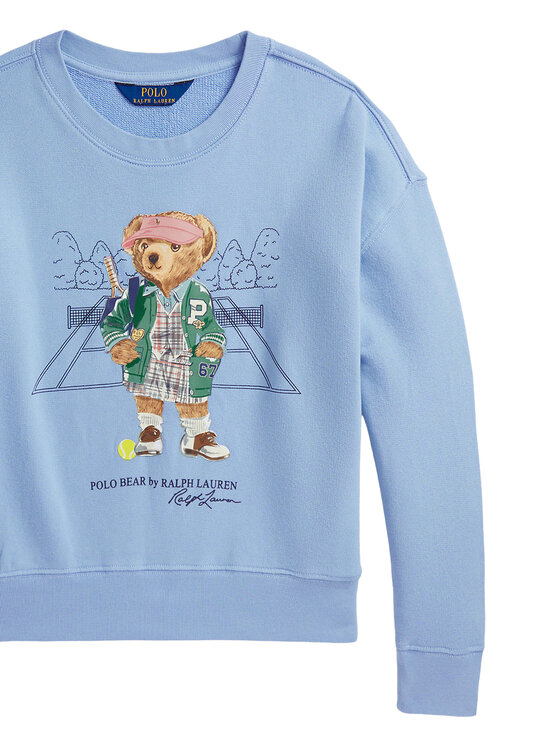 Bluza widziana z przodu, kadr obejmuje górną część z nadrukiem misia.