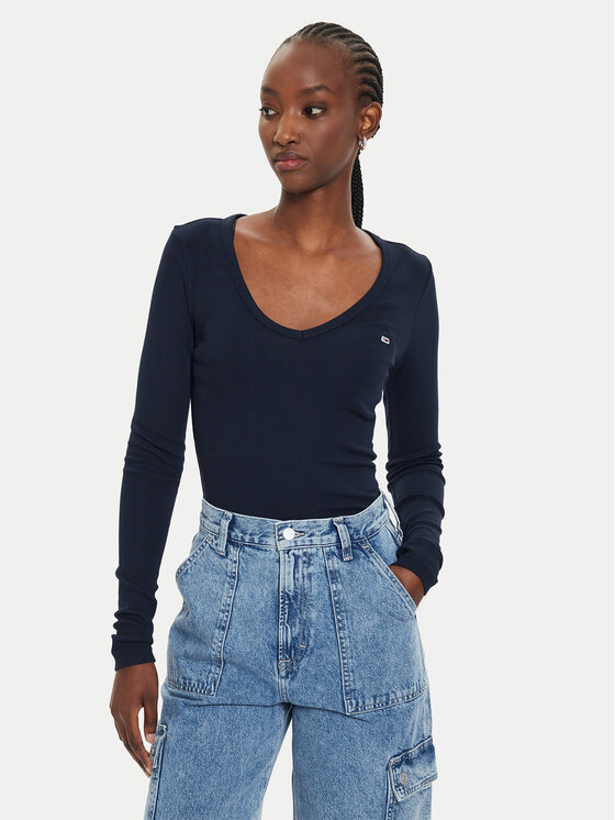 Tommy Jeans Bluză Essential DW0DW17990 Bleumarin Slim Fit