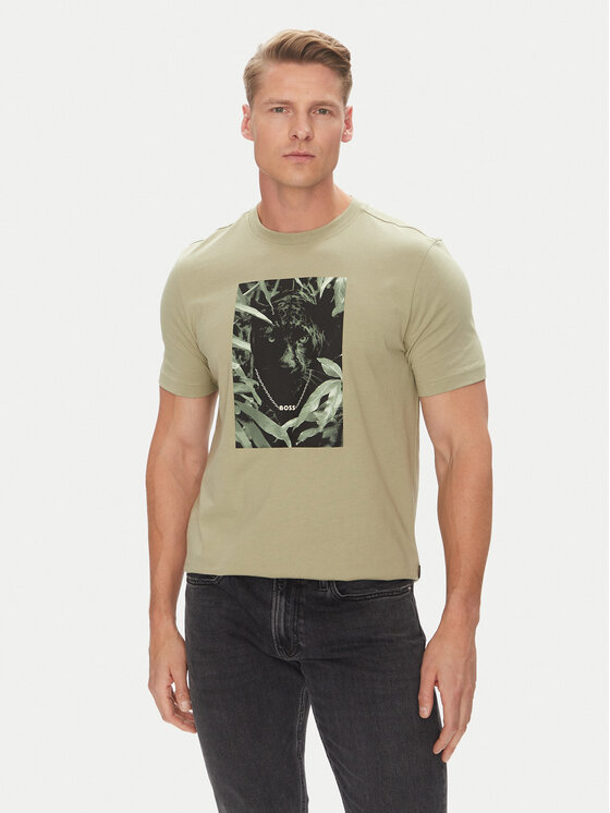 BOSS Męski T-Shirt, rozmiar S, Zielony, Te/Animali 50546362