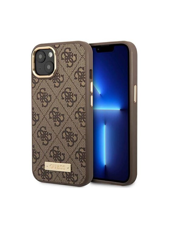 Guess Guess Etui na telefon 4G Logo Plate MagSafe Brązowy