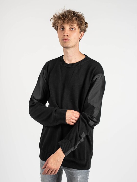 Les Hommes Les Hommes Πουλόβερ LKK112 603A | Classic Fit Jumper with Nylon Detail on Sleeves Μαύρο Regular Fit