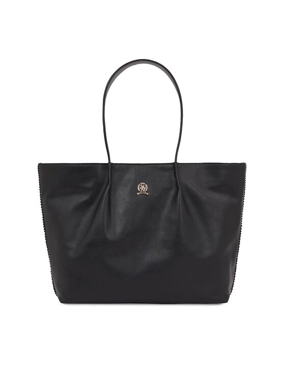 Geantă Tommy Hilfiger Crest Leather Tote AW0AW15230 Negru