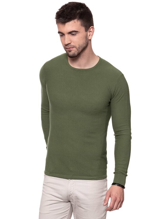 Wrangler Wrangler Sweter PIQUE CREW KNIT Zielony Slim Fit