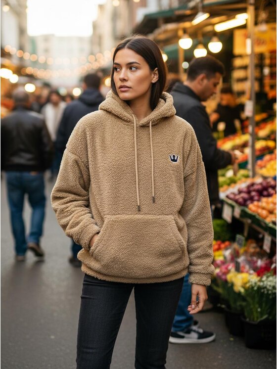 Jigga Wear Jigga Wear Bluza Sherpa Teddy Miś Plusz Polar Ciepła szeroka luźna 130289 Beżowy Oversize