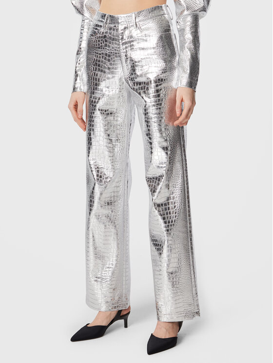 ROTATE Pantaloni din imitație de piele Rotiie RT2227 Argintiu Relaxed Fit Argintiu imagine noua