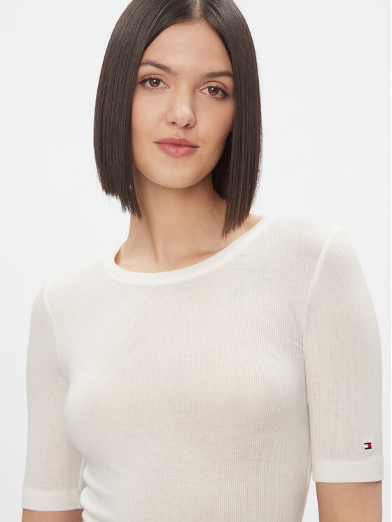 Tommy Hilfiger Tommy Hilfiger Tričko Slim Soft Tencel C-Nk 1/2Slv WW0WW39789 Écru Slim Fit