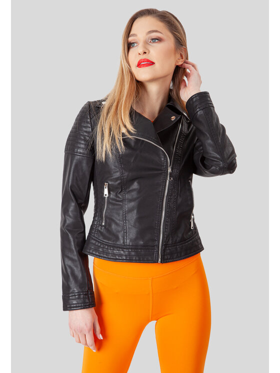 Perso Perso Bunda z imitace kůže z suwakiem Černá Slim Fit